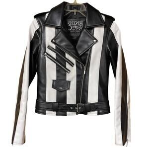 Killstar Black & White Vegan Leather Moto Jacket – Size XS